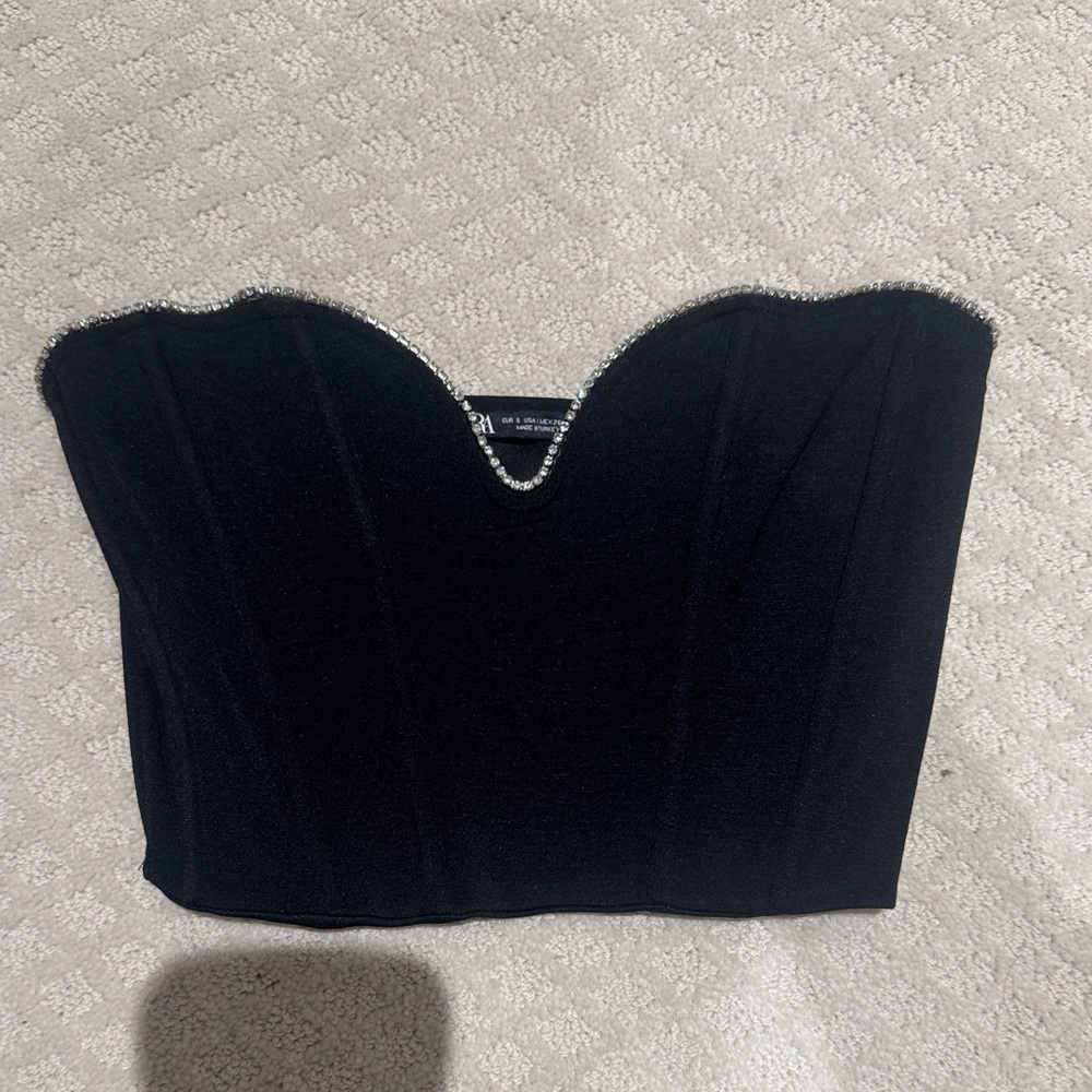 New Zara Rhinestone Corset Cropped Black Small